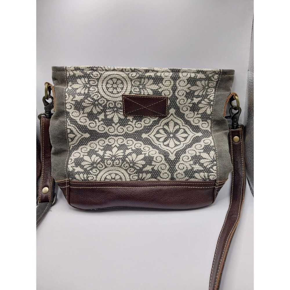 Myra Zipper Recycled Canvas + Leather Shoulder Bag Khaki+Brown NWOT